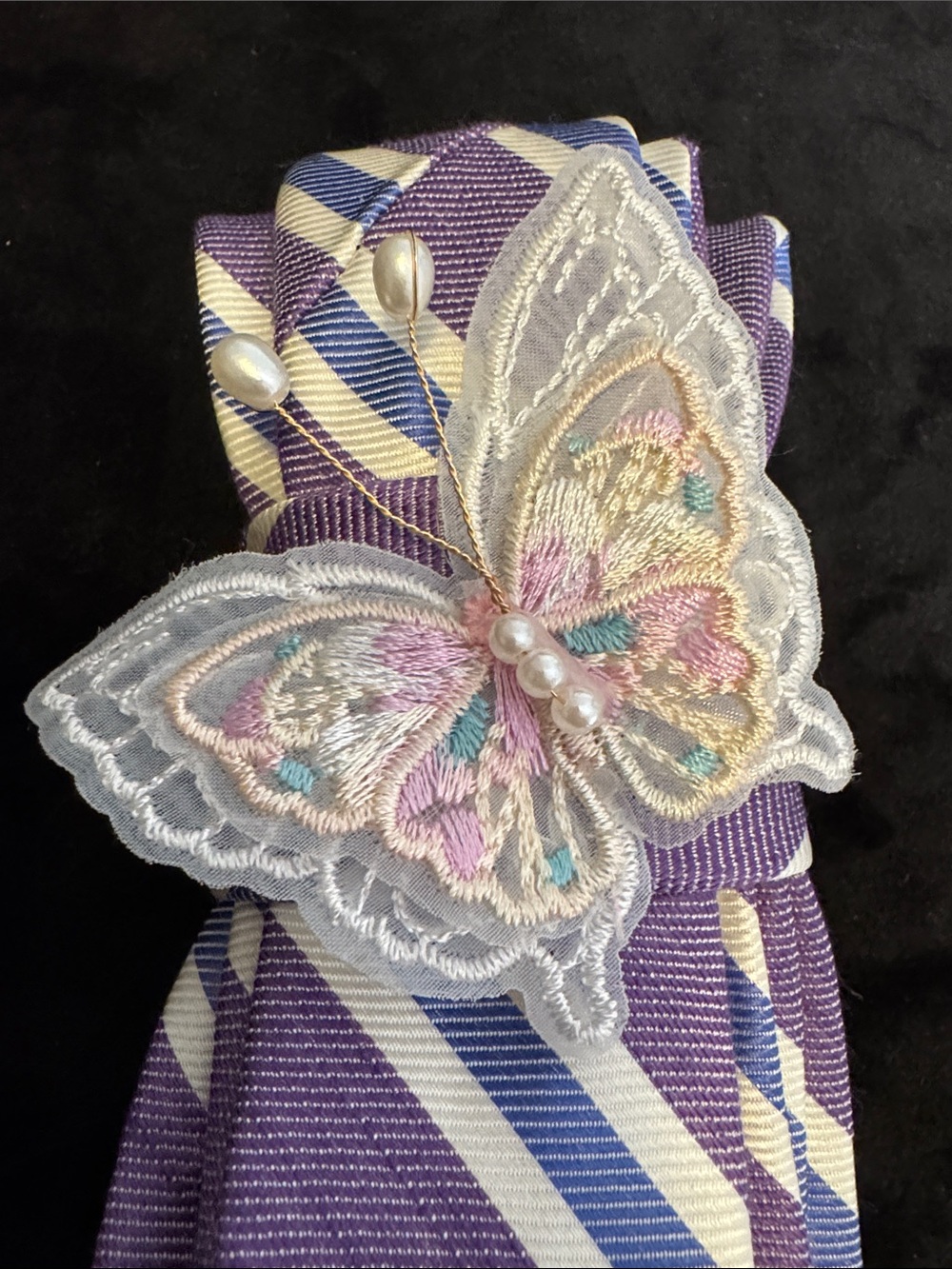 Purple Striped Tie Necklace with Butterfly Accent - Women Jewelry - Picture 2 of 2